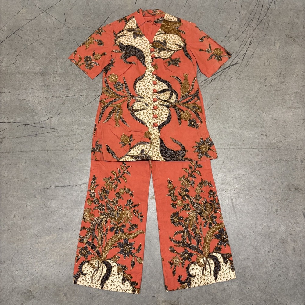 Vintage 60s 70s Batik Pantsuit 2 Piece Set Women Wide Leg Palazzo Tunic Top Boho